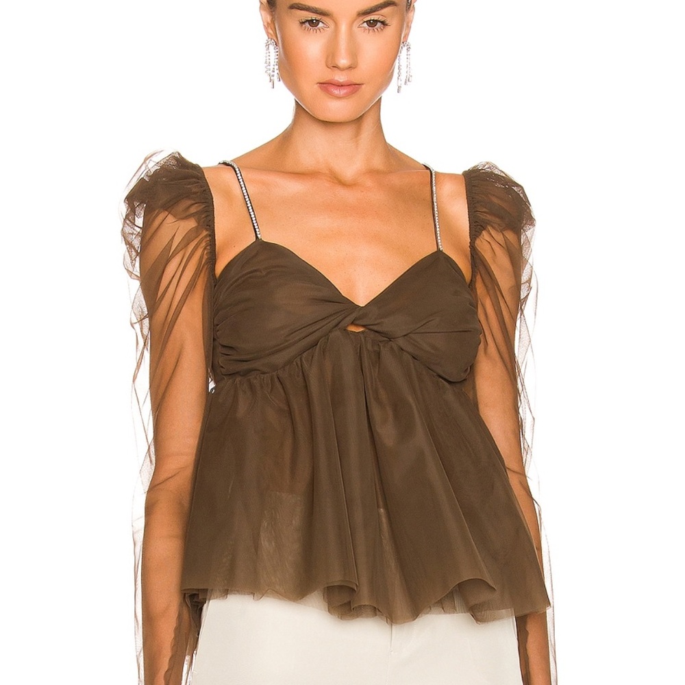 Brown Blouse with Sweetheart Neckline and Sheer Puff Sleeves